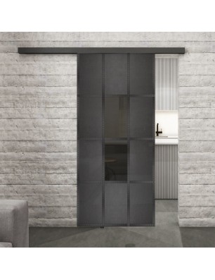 Glasschiebetür BLACK-LINE Loft Schwarzeisen Genietet 35 Auf Grauglas