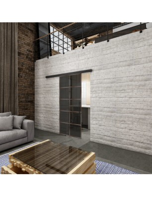 Glasschiebetür BLACK-LINE Loft Rosteisen Genietet 05 Auf Grauglas