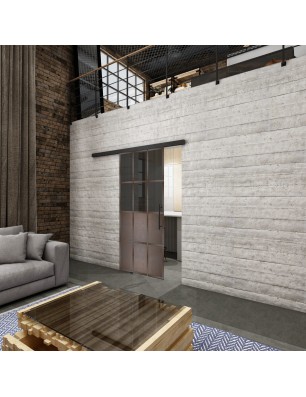Glasschiebetür BLACK-LINE Loft Rosteisen Genietet 22 Auf Grauglas