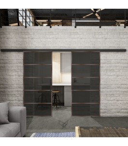 Glasschiebetür BLACK-LINE Loft Rosteisen Genietet 01 Auf Grauglas