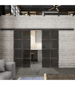 Glasschiebetür BLACK-LINE Loft Rosteisen Genietet 06 Auf Grauglas