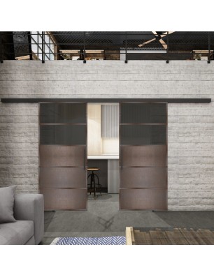 Glasschiebetür BLACK-LINE Loft Rosteisen Genietet 13 Auf Grauglas