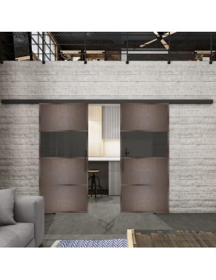 Glasschiebetür BLACK-LINE Loft Rosteisen Genietet 26 Auf Grauglas