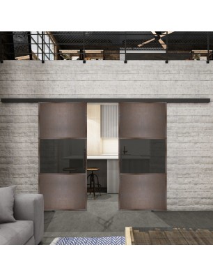 Glasschiebetür BLACK-LINE Loft Rosteisen Genietet 27 Auf Grauglas