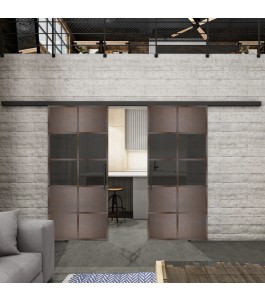 Glasschiebetür BLACK-LINE Loft Rosteisen Genietet 28 Auf Grauglas