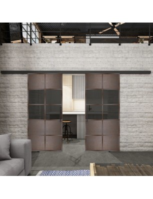 Glasschiebetür BLACK-LINE Loft Rosteisen Genietet 28 Auf Grauglas