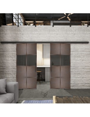 Glasschiebetür BLACK-LINE Loft Rosteisen Genietet 29 Auf Grauglas
