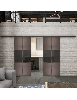 Glasschiebetür BLACK-LINE Loft Rosteisen Genietet 30 Auf Grauglas