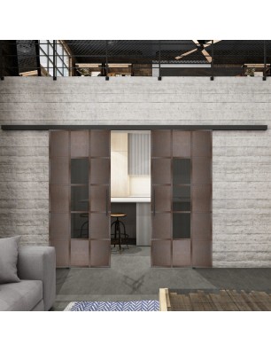 Glasschiebetür BLACK-LINE Loft Rosteisen Genietet 34 Auf Grauglas