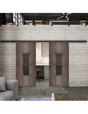 Glasschiebetür BLACK-LINE Loft Rosteisen Genietet 35 Auf Grauglas