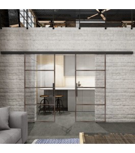 Glasschiebetür BLACK-LINE Loft Rosteisen Genietet 02 Auf Klarglas