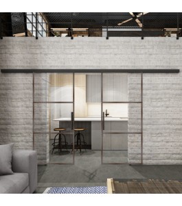 Glasschiebetür BLACK-LINE Loft Rosteisen Genietet 03 Auf Klarglas