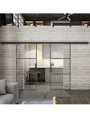 Glasschiebetür BLACK-LINE Loft Rosteisen Genietet 03 Auf Klarglas