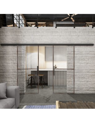 Glasschiebetür BLACK-LINE Loft Rosteisen Genietet 04 Auf Klarglas