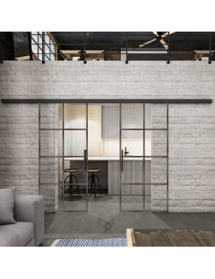 Glasschiebetür BLACK-LINE Loft Rosteisen Genietet 06 Auf Klarglas