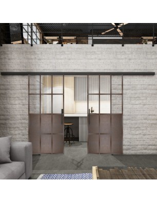 Glasschiebetür BLACK-LINE Loft Rosteisen Genietet 22 Auf Klarglas