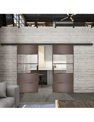 Glasschiebetür BLACK-LINE Loft Rosteisen Genietet 25 Auf Klarglas