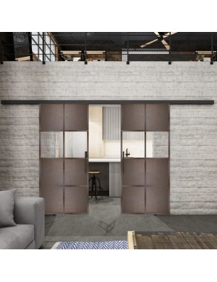 Glasschiebetür BLACK-LINE Loft Rosteisen Genietet 29 Auf Klarglas