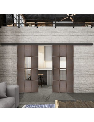 Glasschiebetür BLACK-LINE Loft Rosteisen Genietet 35 Auf Klarglas