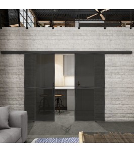 Glasschiebetür BLACK-LINE Loft Schwarzeisen Genietet 04 Auf Grauglas