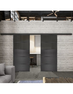 Glasschiebetür BLACK-LINE Loft Schwarzeisen Genietet 13 Auf Grauglas