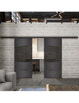 Glasschiebetür BLACK-LINE Loft Schwarzeisen Genietet 25 Auf Grauglas