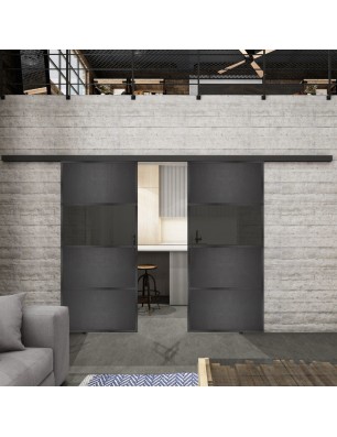 Glasschiebetür BLACK-LINE Loft Schwarzeisen Genietet 26 Auf Grauglas