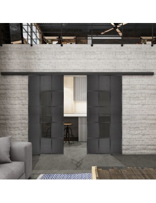 Glasschiebetür BLACK-LINE Loft Schwarzeisen Genietet 34 Auf Grauglas