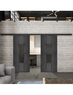 Glasschiebetür BLACK-LINE Loft Schwarzeisen Genietet 35 Auf Grauglas