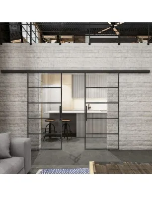 Glasschiebetür BLACK-LINE Loft Schwarzeisen Genietet 01 Auf Klarglas