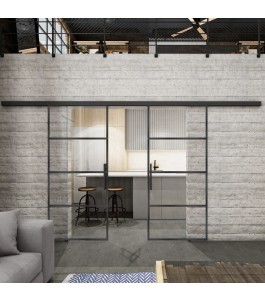 Glasschiebetür BLACK-LINE Loft Schwarzeisen Genietet 02 Auf Klarglas