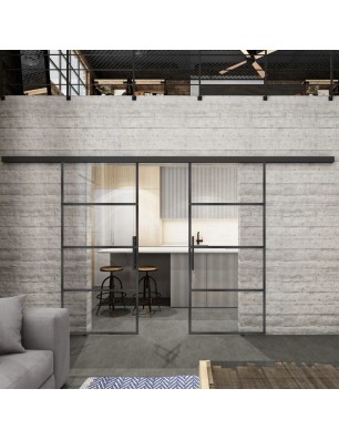 Glasschiebetür BLACK-LINE Loft Schwarzeisen Genietet 02 Auf Klarglas