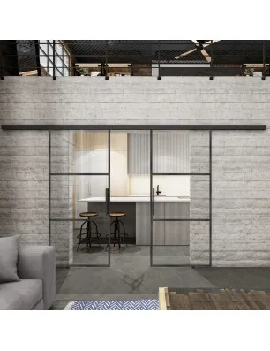 Glasschiebetür BLACK-LINE Loft Schwarzeisen Genietet 03 Auf Klarglas