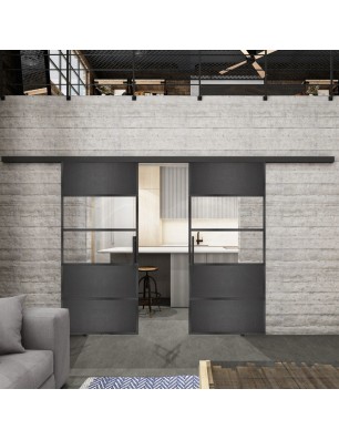 Glasschiebetür BLACK-LINE Loft Schwarzeisen Genietet 25 Auf Klarglas