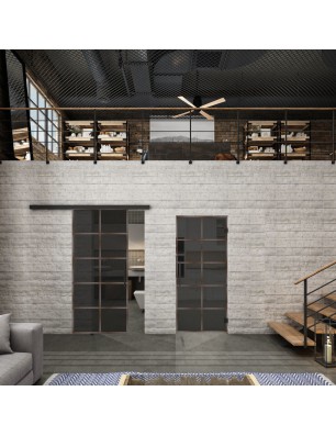 Glasschiebetür BLACK-LINE Loft Rosteisen Genietet 05 Auf Grauglas