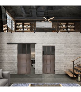 Glasschiebetür BLACK-LINE Loft Rosteisen Genietet 23 Auf Grauglas