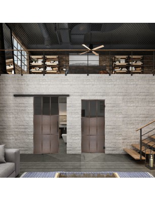Glasschiebetür BLACK-LINE Loft Rosteisen Genietet 23 Auf Grauglas