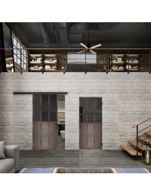 Glasschiebetür BLACK-LINE Loft Rosteisen Genietet 24 Auf Grauglas
