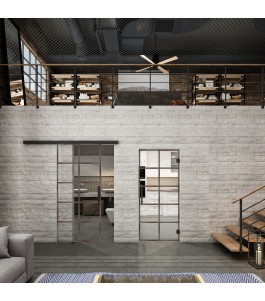 Glasschiebetür BLACK-LINE Loft Rosteisen Genietet 05 Auf Klarglas