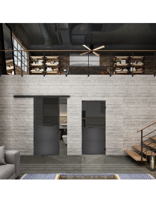 Glasschiebetür BLACK-LINE Loft Schwarzeisen Genietet 16 Auf Grauglas