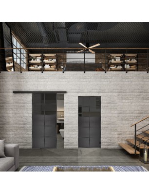 Glasschiebetür BLACK-LINE Loft Schwarzeisen Genietet 17 Auf Grauglas