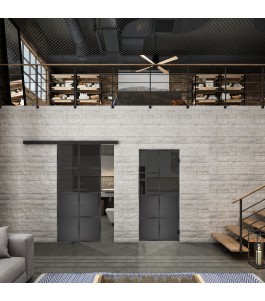 Glasschiebetür BLACK-LINE Loft Schwarzeisen Genietet 18 Auf Grauglas