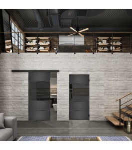 Glasschiebetür BLACK-LINE Loft Schwarzeisen Genietet 25 Auf Grauglas