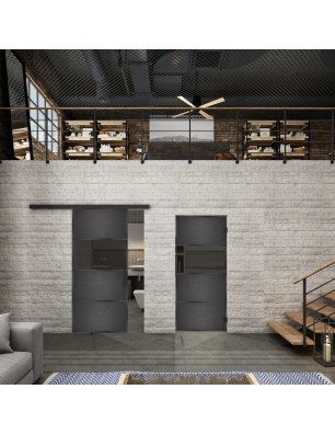 Glasschiebetür BLACK-LINE Loft Schwarzeisen Genietet 26 Auf Grauglas