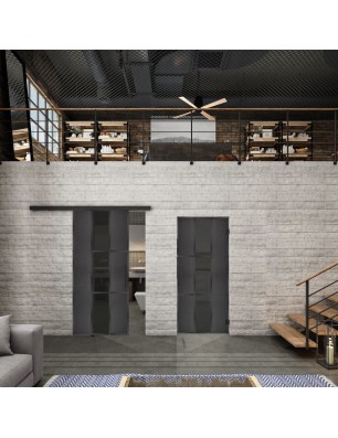 Glasschiebetür BLACK-LINE Loft Schwarzeisen Genietet 36 Auf Grauglas