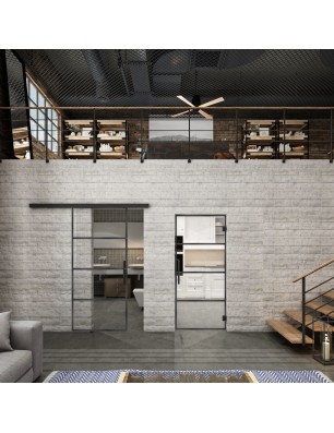 Glasschiebetür BLACK-LINE Loft Schwarzeisen Genietet 02 Auf Klarglas