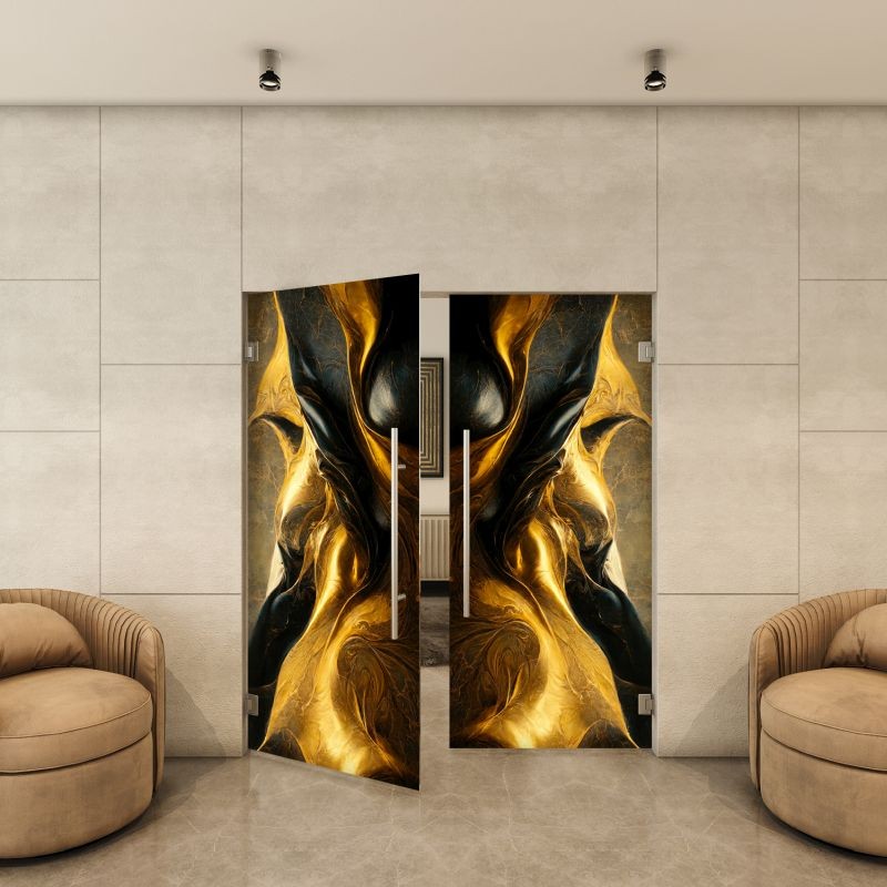 Zargenlose Glaspendeltür mit Fotoprint Design