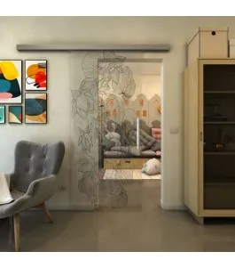 Glasschiebetür SLIM-LINE - Fineprint Model 013 Schwarz auf Klarglas