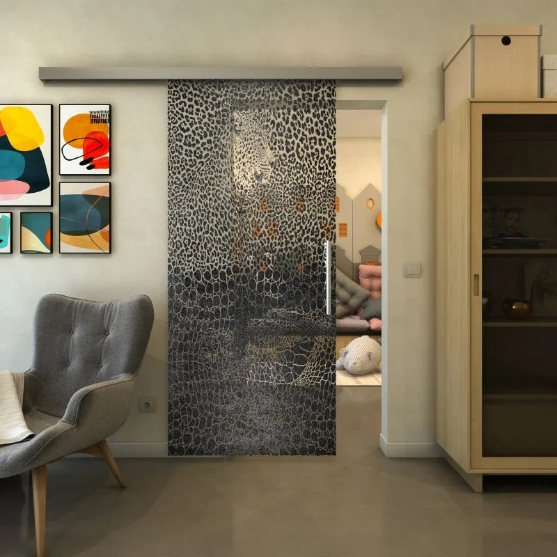 Glasschiebetür SLIM-LINE - Fineprint Modell 015 Schwarz auf Klarglas Glasschiebetür SLIM-LINE - Fineprint Modell 015 Schwarz auf Klarglas