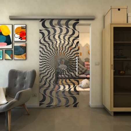 Glasschiebetür SLIM-LINE - Fineprint Model 044 Schwarz auf Klarglas